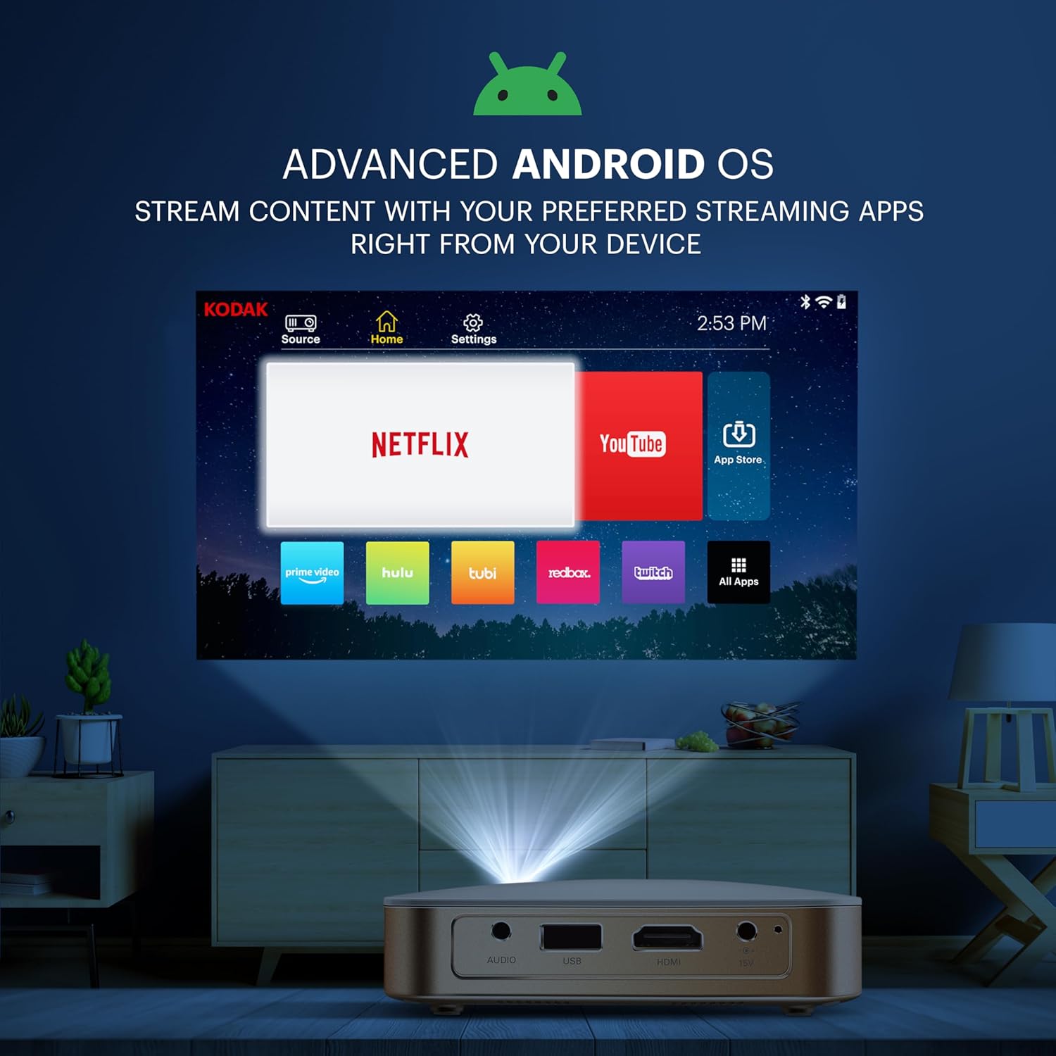 KODAK Luma 350 Smart Pico Mini Portable Projector - White - Android OS Streaming Movie Projector - 150-Inch Auto Keystone Home Theater Display - Battery Powered with Wi-Fi & Bluetooth Casting