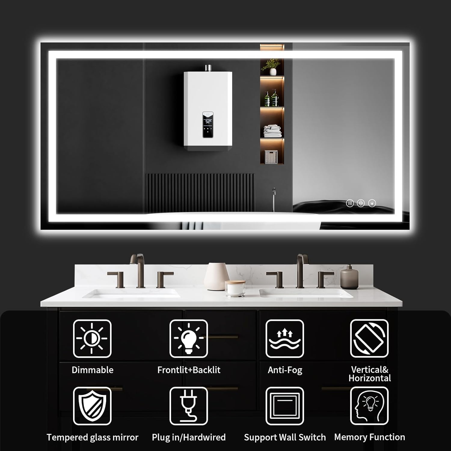 55"x30" LED Bathroom Mirror with Lights, Dimmable .Anti-Fog .Bathroom Vanity Mirror for Wall, Backlit + Front Lit, Memory Function, Shatter-Proof .Tempered Glass
