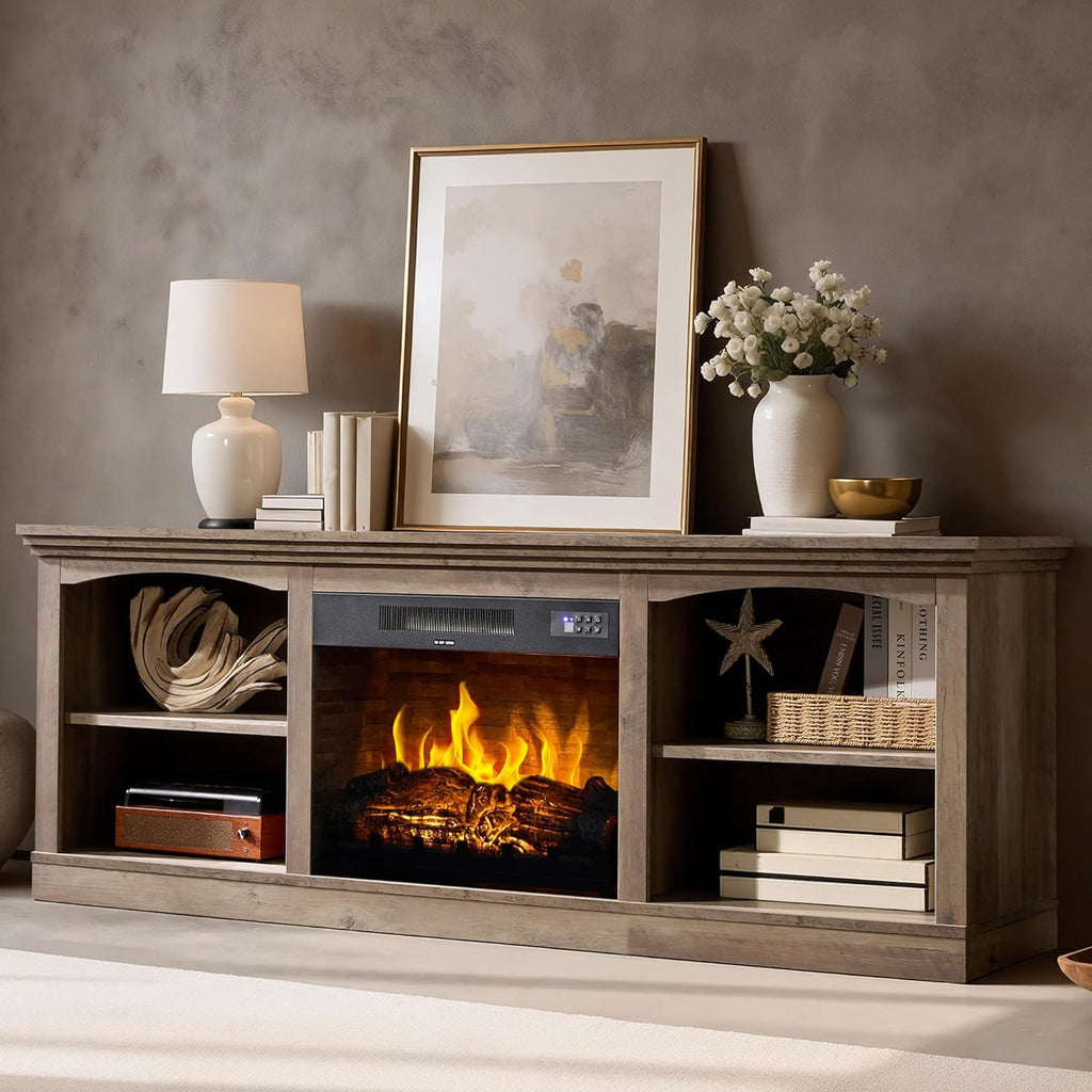 AMERLIFE 70 Inch Fireplace TV Stand for TVs up to 80", Farmhouse Entertainment Center with 23" Electric Fireplace One-Box Delivery, Media Console Table with Storage for Living Room, Rustic Grey