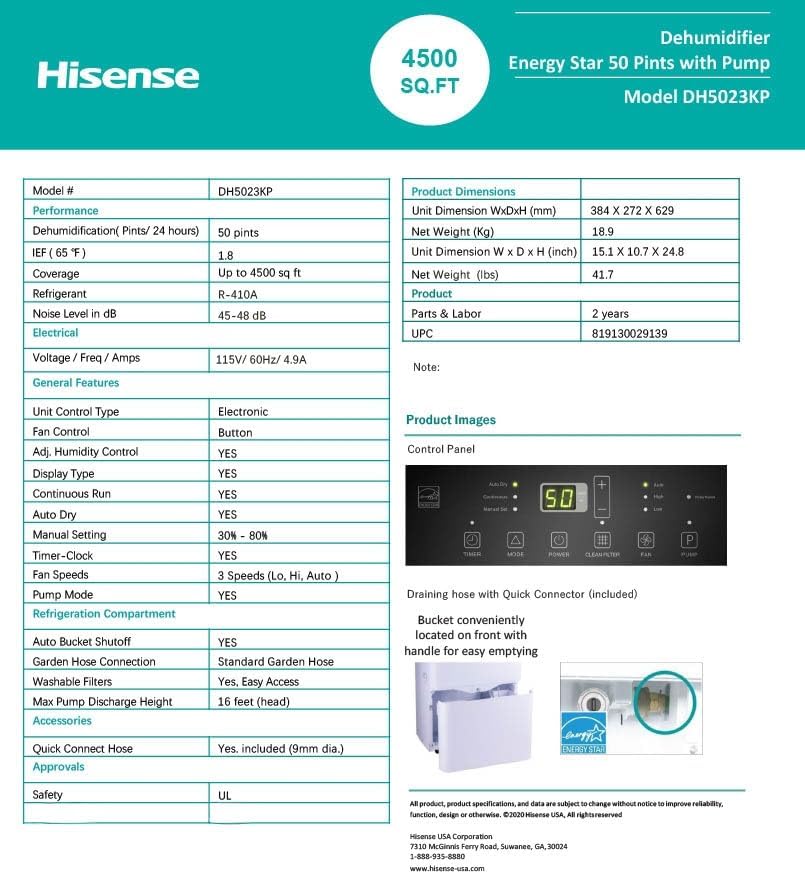 Hisense 50 Pint Dehumidifier 300 sq. ft Slide-out Bucket with Easy-carry Handle, 3 Speeds (Lo, Hi, Auto), Up to 4500 sq ft., Auto shut-off, Quiet 48 dB, 115v, - DH5023KP (Renewed)