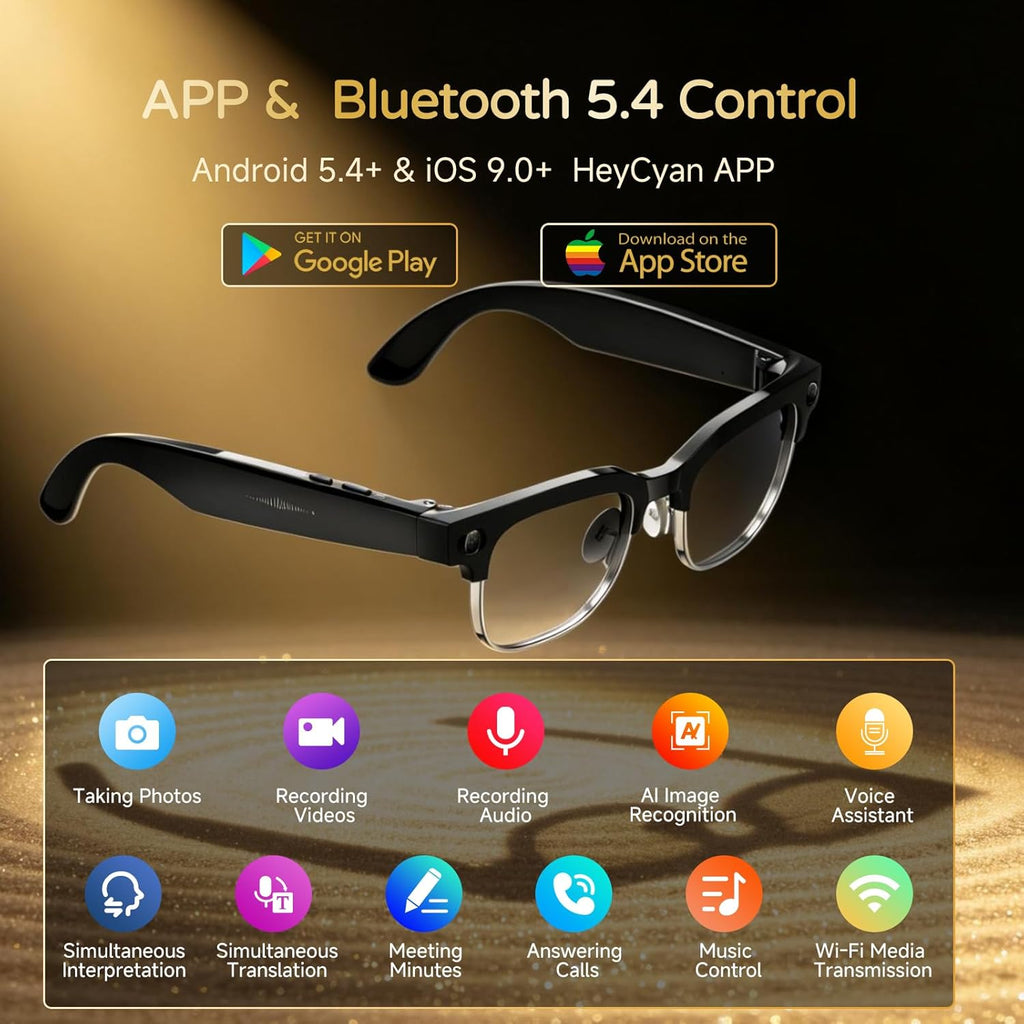 AI Smart Glasses with Camera, 8MP 4K HD Video & Photo Capture, Real-Time Translation, Recording Glasses with AI Assistant, Open-Ear Audio, Object Recognition, for Vlog, Outdoor & Hiking,Black-Business