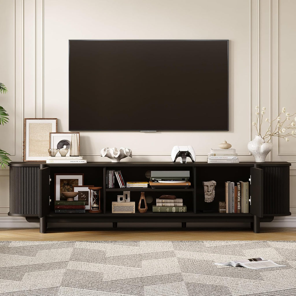 Vabches 70" Mid Century TV Stand for TVs up to 80 Inch,Fluted Entertainment Center with Storage and Adjustable Shelves,Modern Media Console Table for Living Room,Bedroom,Black