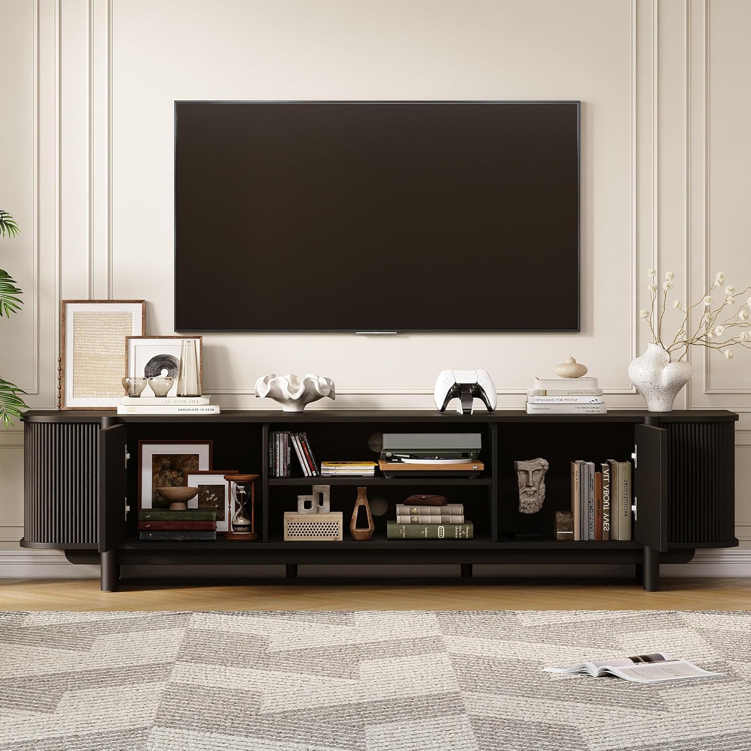 Vabches 70" Mid Century TV Stand for TVs up to 80 Inch,Fluted Entertainment Center with Storage and Adjustable Shelves,Modern Media Console Table for Living Room,Bedroom,Black