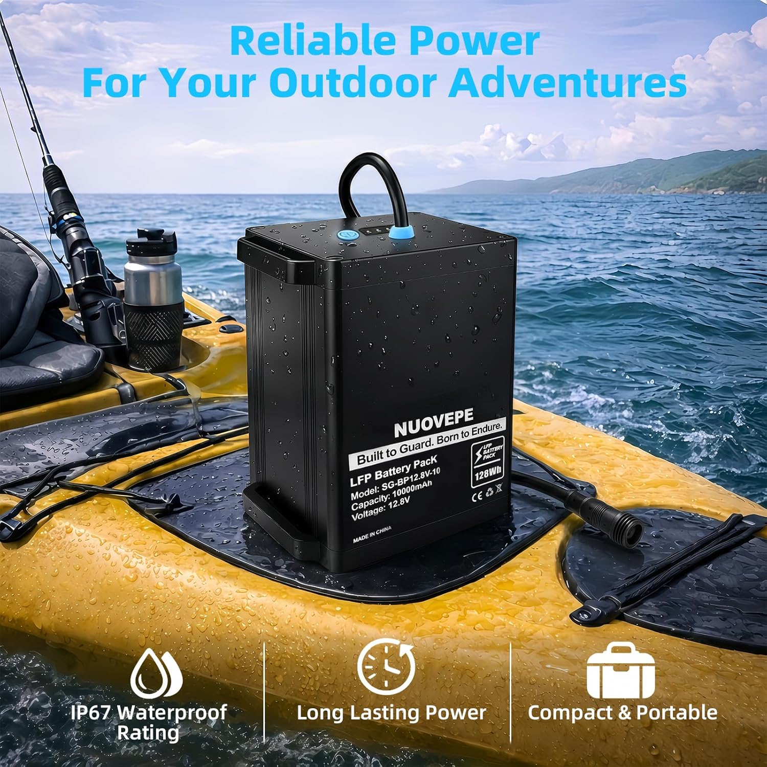 12V Portable Lithium Battery Kit with 4-in-1 Charging Cable, Waterproof Kayak Battery for Marine, Fishing, Kayak, Compatible with Fish Finder, GPS, Phone, Action Camera and Outdoor Devices
