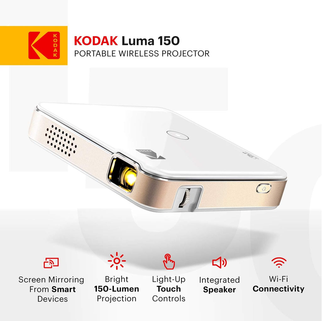 KODAK Luma 150 Pocket Projector | Portable Movie Projector w/ Built-In Speaker for Home & Office Produces Images Up to 150” - Includes Soft Case