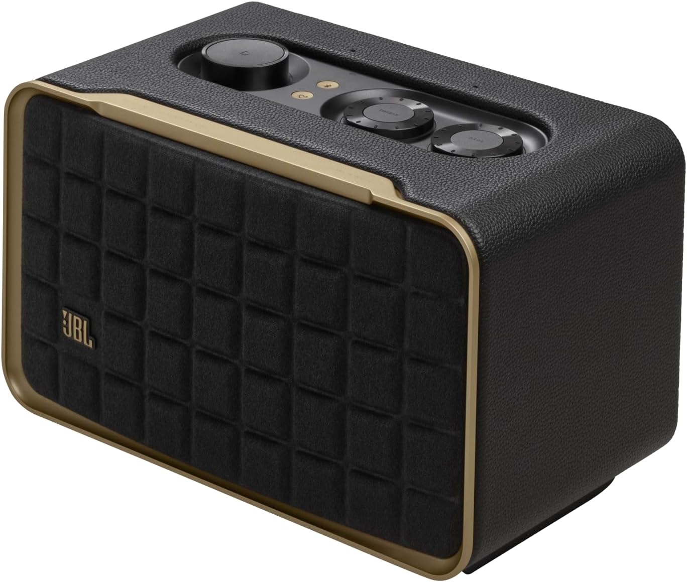 JBL Authentics 200 - Retro Style Smart Home Speaker with Built in Wi-Fi, Bluetooth and Voice Assistants, Alexa and Google Assistant, Multi-Room Playback, Automatic self tuning (Black/Gold)