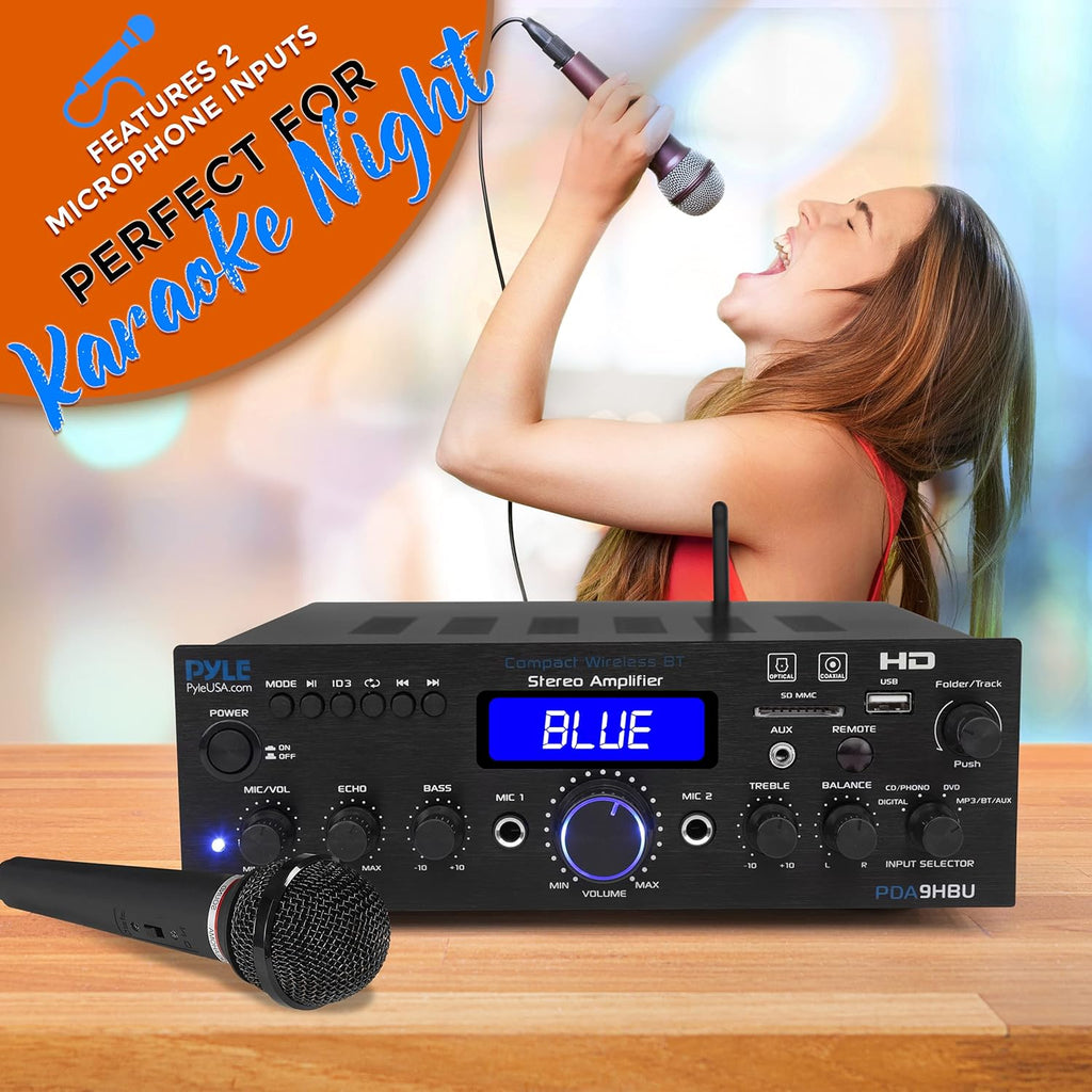 PyleUsa Wireless Bluetooth Home Stereo Amplifier - Multi-Channel 200 Watt Power Amplifier Home Audio Receiver System w/ HDMI, Optical/Phono/Coaxial,FM Radio, USB/SD, AUX, RCA,Mic in Remote - PDA9HBU.6