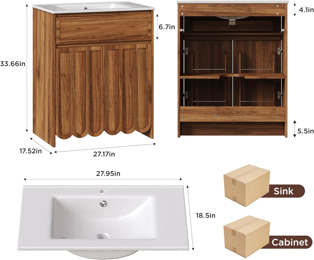 28 inch Bathroom Vanity with Ceramic Sink, Brown Bathroom Sink Vanity Cabinet with Wave Scalloped Door, Tip-Out Drawer & Adjustable Shelf, Single Sink Bath Vanity for Bathroom/Laundry Room, Walnut