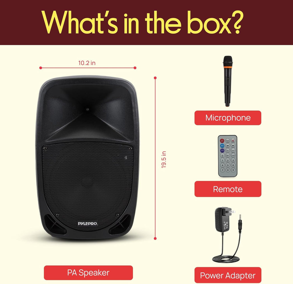 Pyle PSBT105A - 1000W Portable Bluetooth PA Speaker, 10'' Subwoofer, UHF Wireless Mic, MP3/USB/SD, Rechargeable Battery, LED Battery Indicator Lights, Black