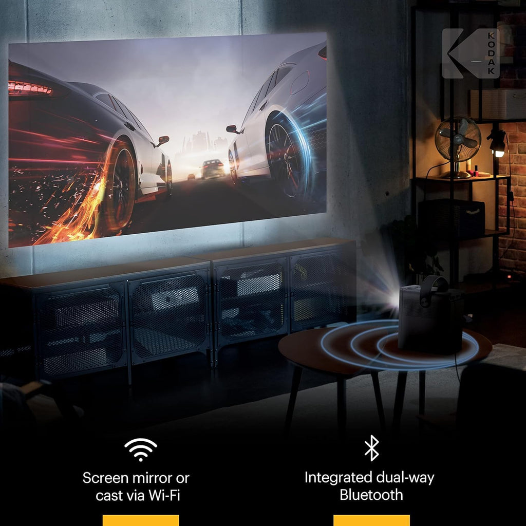 KODAK FLIK HD9 Smart Projector - White, 1080p HD - Smart TV with Android TV 10 & Google Assistant Remote - Portable Mini Projector 40"-150" Projection Range - Wi-Fi & Bluetooth 5.0 Wireless Casting