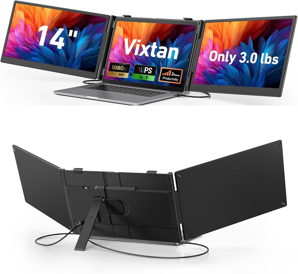 Vixtan 14" Triple Laptop Screen Extender, 3.0 lbs Lightweight FHD IPS Portable Monitor for Laptop, USB-C Plug & Play Multi Screen Attachment for 13-17.3" laptops with Windows/Mac/Chrome