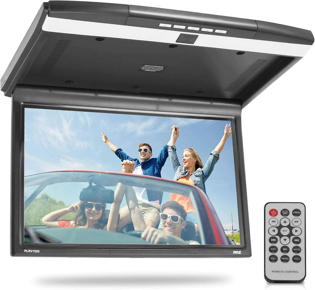 Pyle 15.6-Inch Overhead Flip-Down Car Monitor - Hi-Res 1680x800p Widescreen Car Roof Mount Monitor, Vehicle Flip Down Overhead Screen w/IR, FM Transmitter, USB/SD, HDMI, AV, Stereo Speaker -PLRV1525