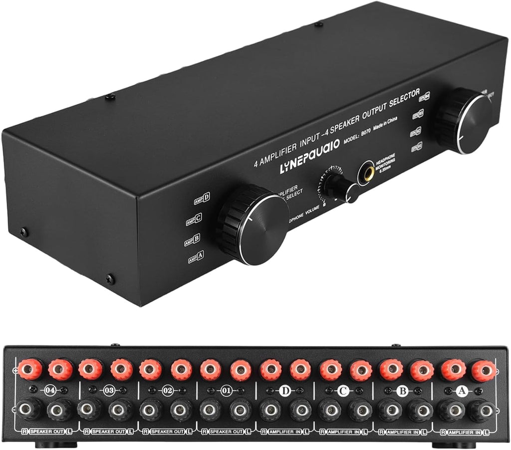 4 Input 4 Output Speaker Switch Selector for Amplifier, 300Wx4 Channel Stereo Audio Switcher Box with 6.35mm Banana Jack - Manual Passive Control for Home Studio Multi Room System