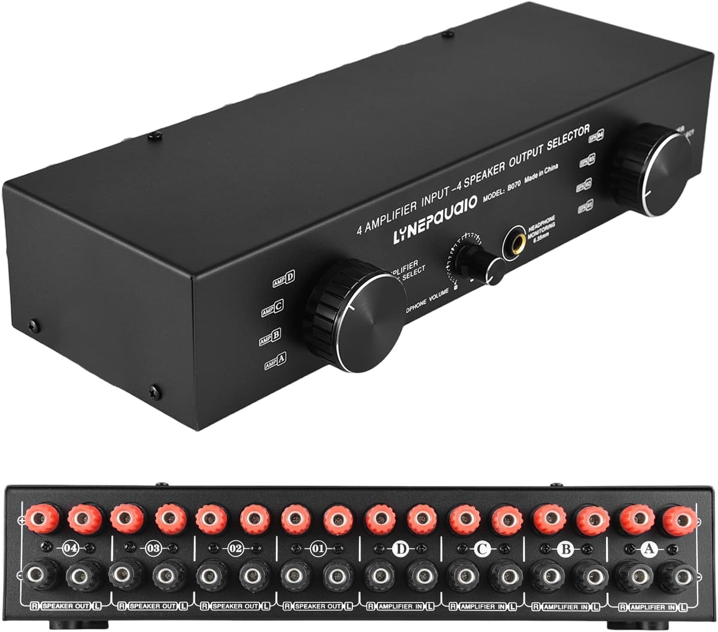 4 Input 4 Output Speaker Switch Selector for Amplifier, 300Wx4 Channel Stereo Audio Switcher Box with 6.35mm Banana Jack - Manual Passive Control for Home Studio Multi Room System