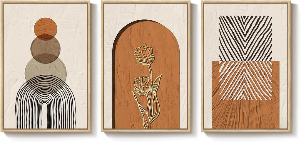 Large Framed Boho Abstract Wall Art for Living Room, 3 Piece Neutral Orange Paintings Prints Canvas Artwork for Walls, Modern Geometric Bohemian Pictures Wall Decor for Bedroom Home Office, 20x30 Inch