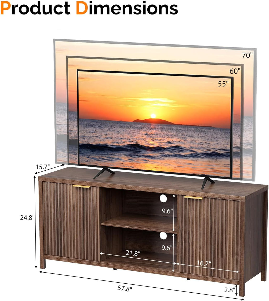 VINGLI 57.8" Fluted TV Stand for TVs up to 70 Inch, Mid-Century Modern Entertainment Center with Adjustable Shelves & Cabinet Storage, Natural Wood TV Stand for Living Room, Walnut