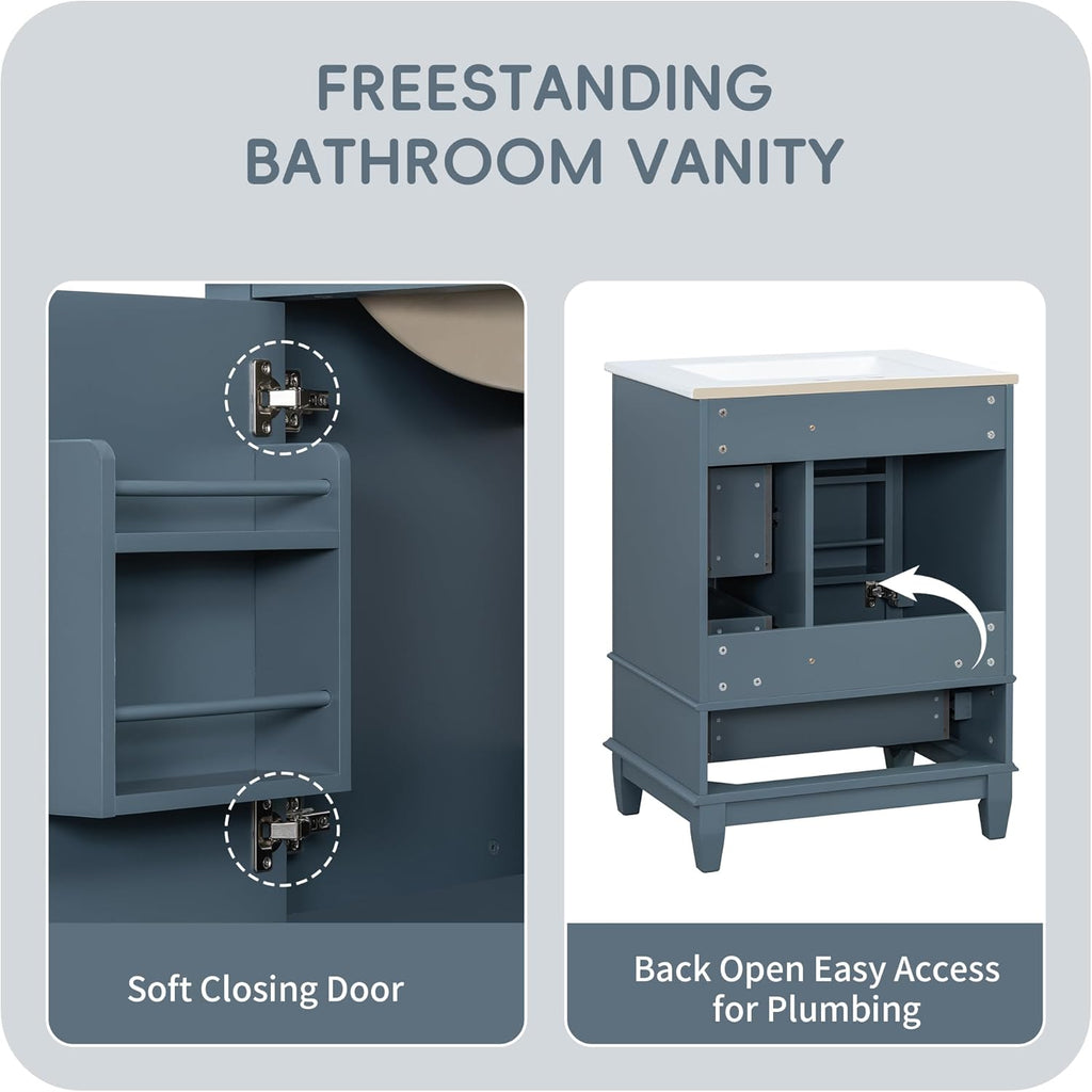 24" Bathroom Vanity with Sink, Harper & Bright Designs Free Standing Single Vanity Set with 3 Drawers and One Door with Storage Racks, Wooden Storage Cabinet with Ceramic Basin for Bathroom, Blue Grey