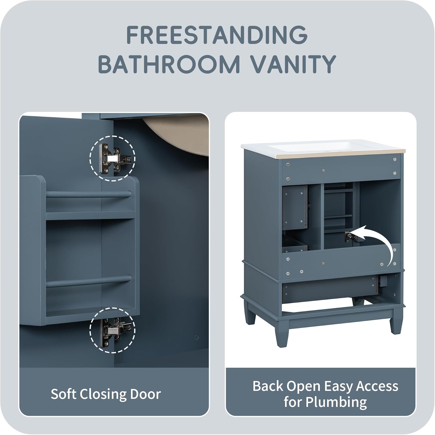24" Bathroom Vanity with Sink, Harper & Bright Designs Free Standing Single Vanity Set with 3 Drawers and One Door with Storage Racks, Wooden Storage Cabinet with Ceramic Basin for Bathroom, Blue Grey