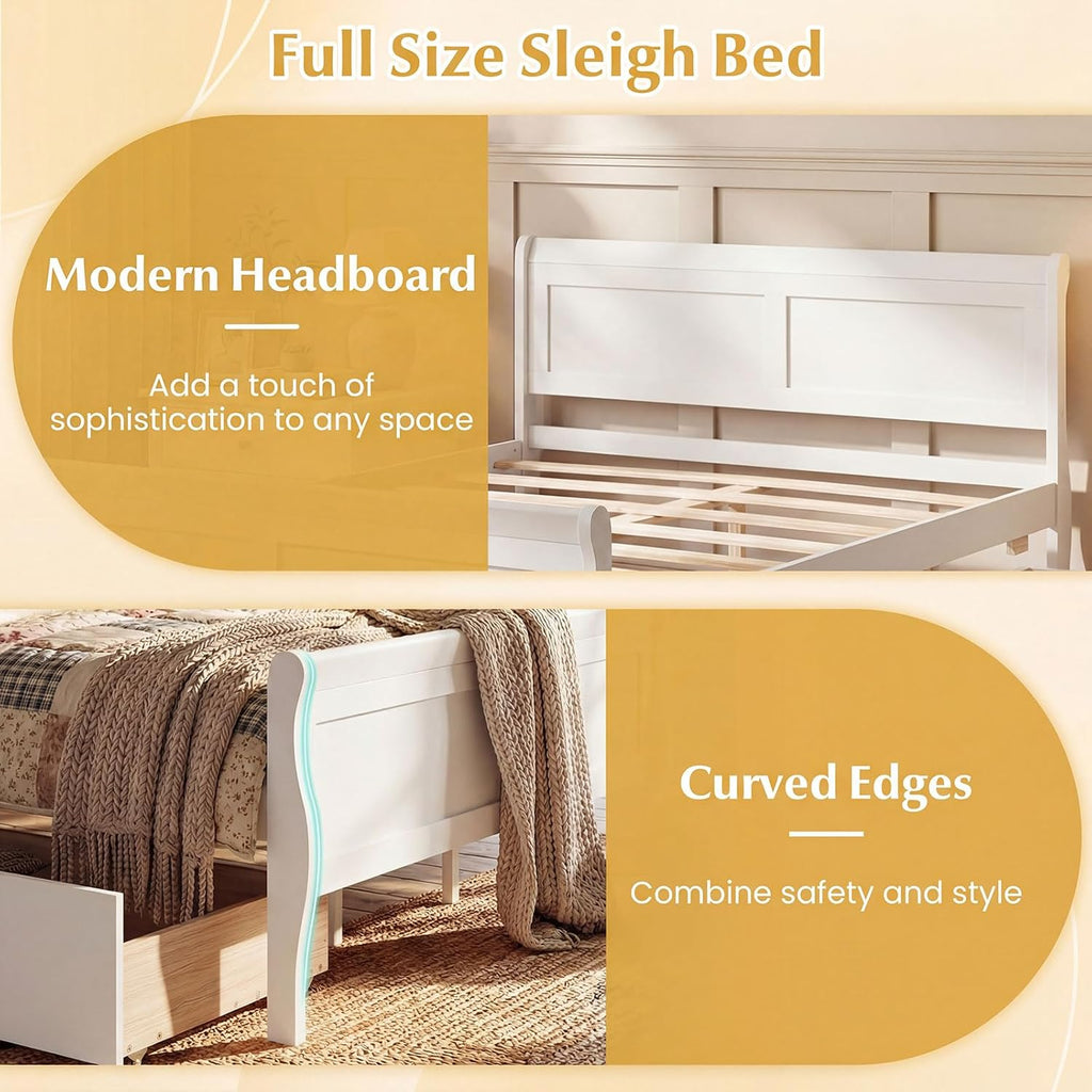 Giantex Full Bed Frame with 2 Storage Drawers, Wood Platform Bed with Headboard & Footboard, Wooden Slats Support Mattress Foundation, Sleigh Bedframe for Teens Adults, No Box Spring Needed (White)