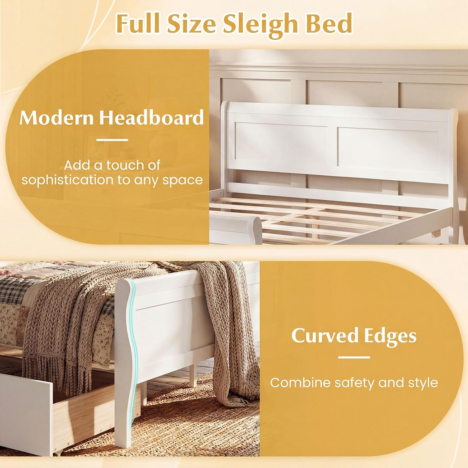Giantex Full Bed Frame with 2 Storage Drawers, Wood Platform Bed with Headboard & Footboard, Wooden Slats Support Mattress Foundation, Sleigh Bedframe for Teens Adults, No Box Spring Needed (White)