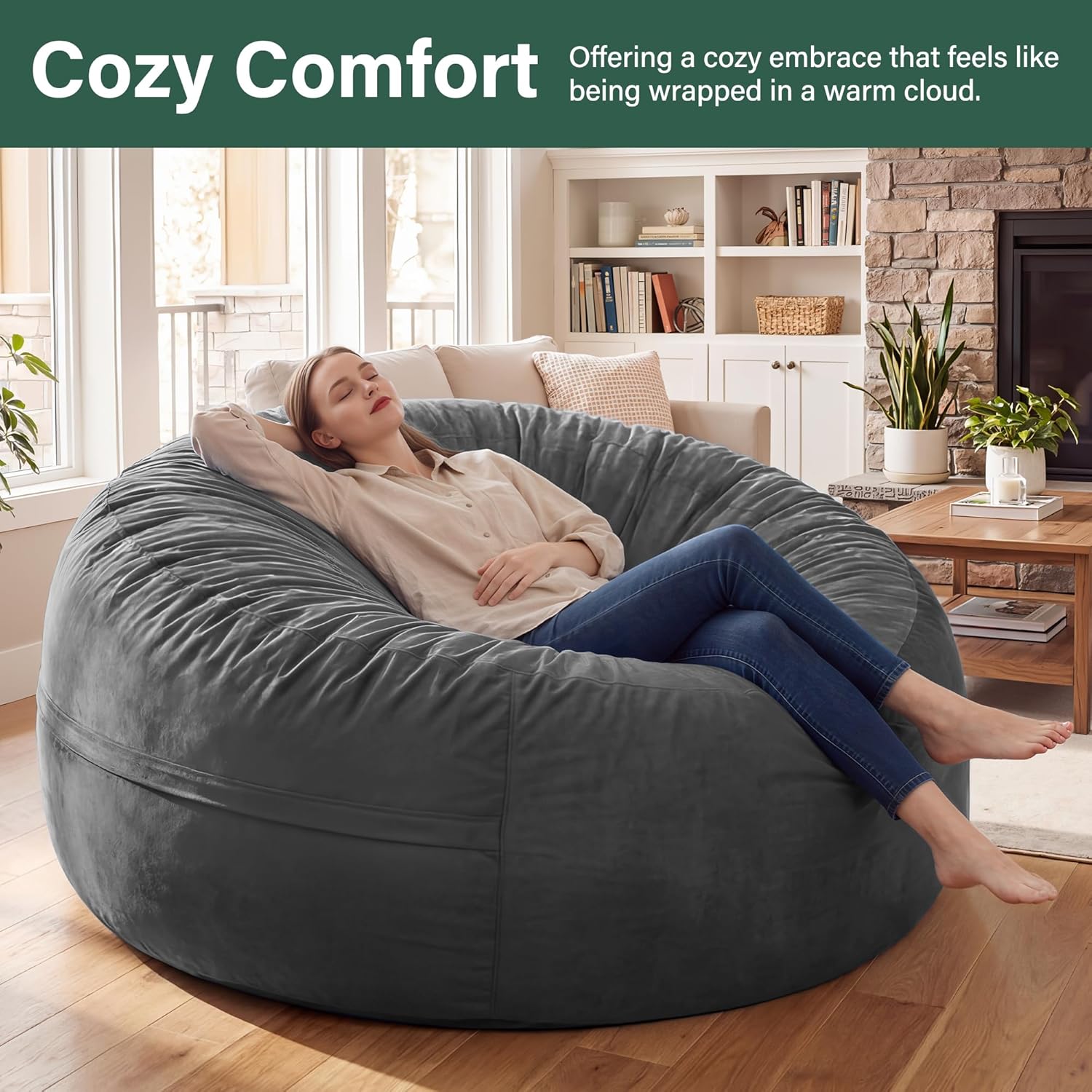 fond + found 5FT Bean Bag Chair for Adults - Giant Memory Foam Bean Bag with Removable Washable Cover, Large Comfy Bean Bag Chair with Handle & Side Pocket for Living Room, Bedroom, Gaming
