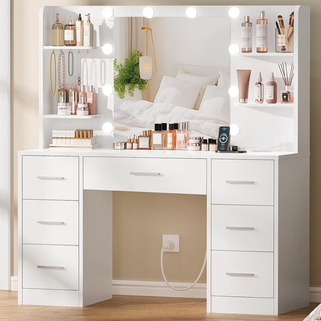 Quimoo Large Vanity Desk with LED Lighted Mirror & Power Outlet,Makeup Vanity Table with 7 Drawers,4 Shelves and 5 Hooks,Vanity Table, Vanity Desk Set for Bedroom,Bathroom,White