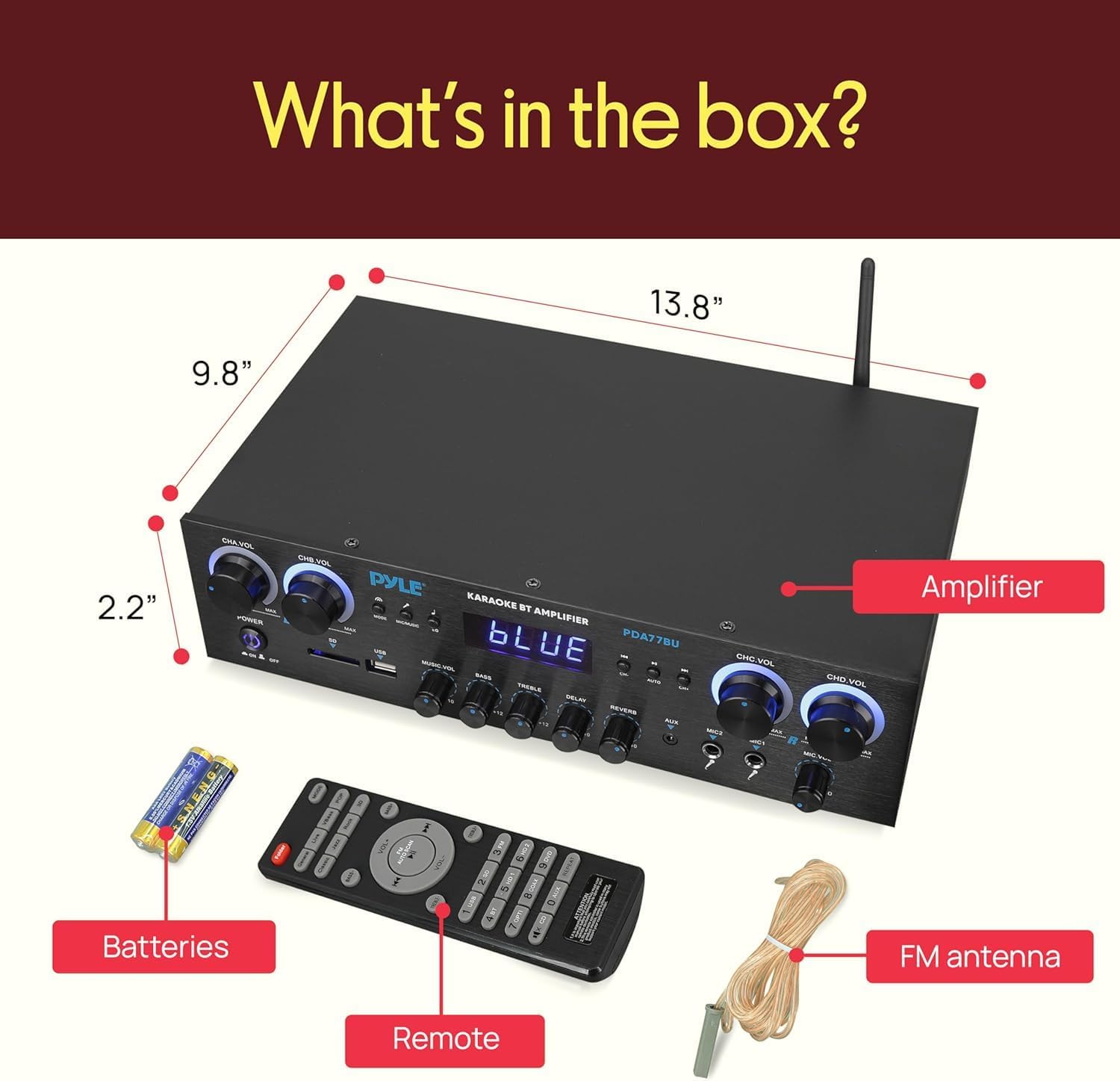 Pyle Home Stereo Receiver with Bluetooth - 4 Channel Amplifier, 800 Watt Max, USB-A Input w MP3 Player, Easy Karaoke Setup with Mic Vol, Reverb and Delay, RCA in/Out, SD Card, FM Radio - PDA77BU