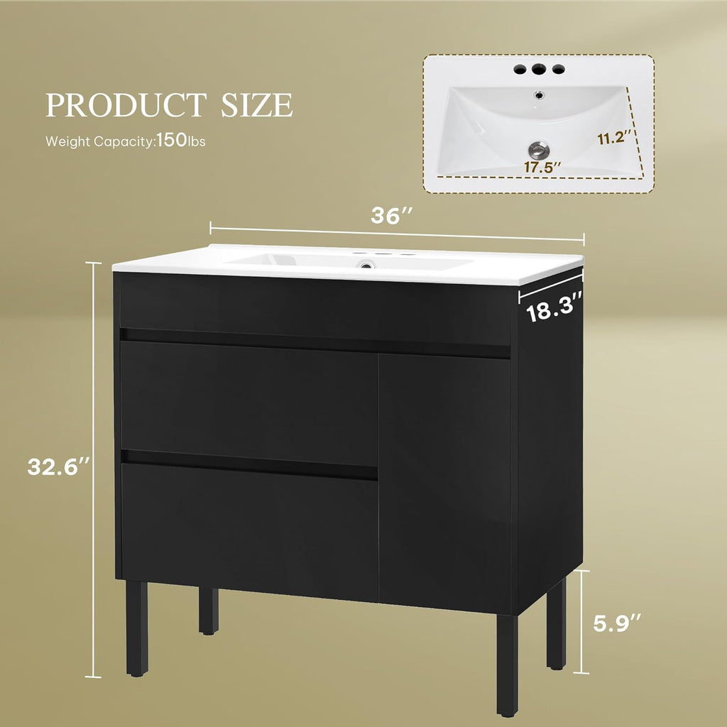 DWVO 36 Inch Bathroom Vanity with Sink, Bathroom Vanity Cabinet, Modern Bathroom Storge Vanity Includes Adjustable Legs, Soft Closing Door, 2 Drawers & Drain