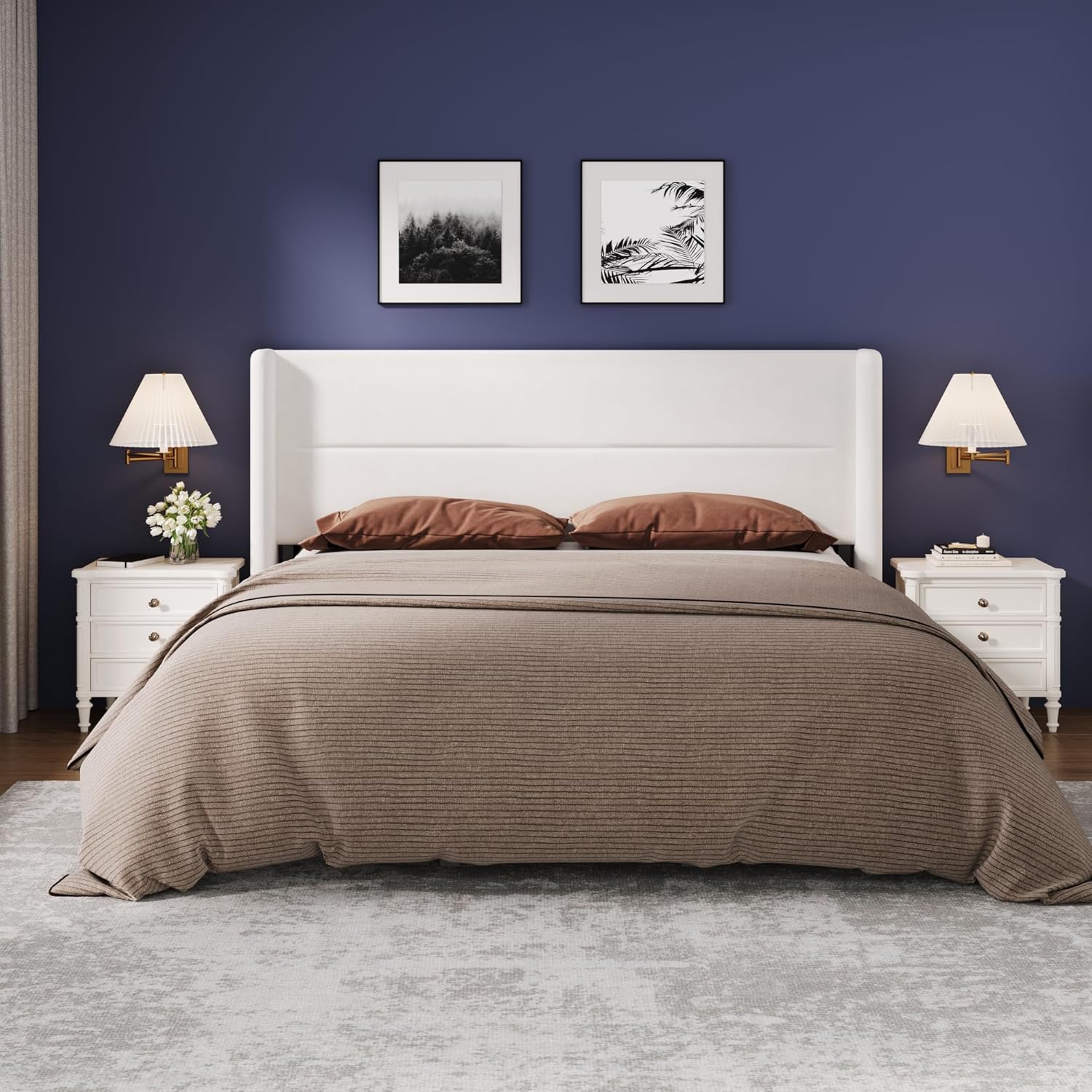 GAOMON King Size Bed Frame, Velvet Upholstered Platform Bedframe with Wingback Headboard, No Box Spring Needed, Wood Slats, Easy Assembly, White
