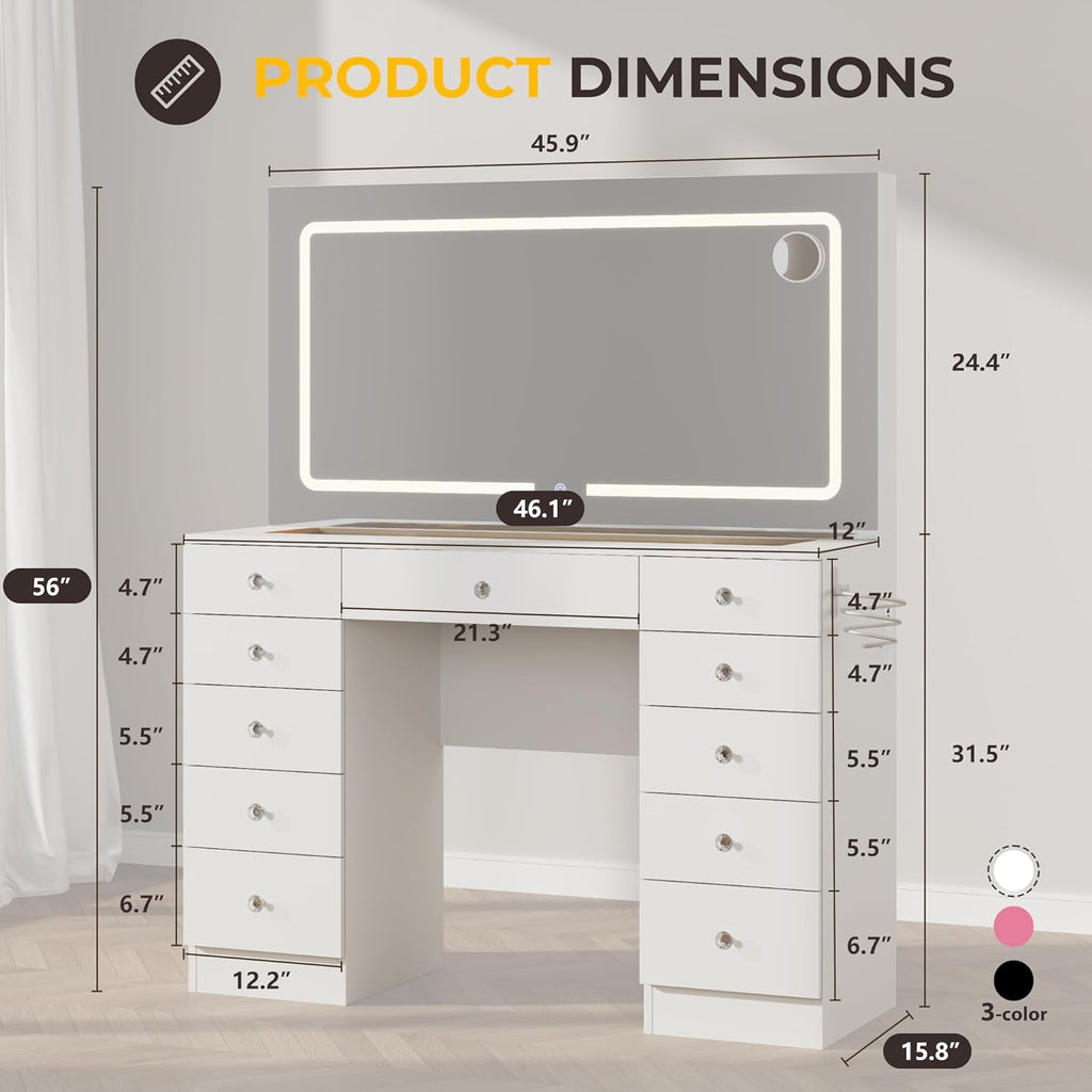 Otterease White Makeup Vanity, 11 Drawers Vanity Mirror with Lights, Makeup Vanity Desk with 3 Lighting Modes Adjustable Brightness, Vanity with Glass Top for Bedroom