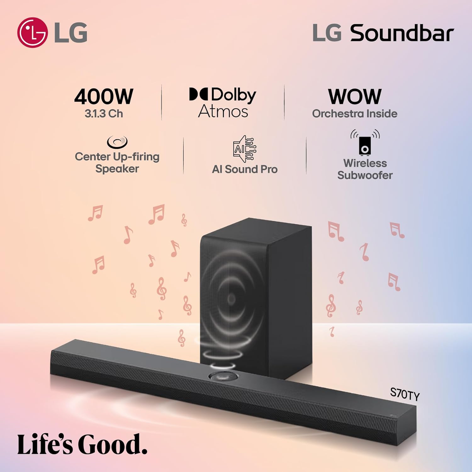 LG S70TY 3.1.1-Channel QNED TV Matching Soundbar, Dolby Atmos, Wow Orchestra, Rear Speaker Ready, Wireless Subwoofer