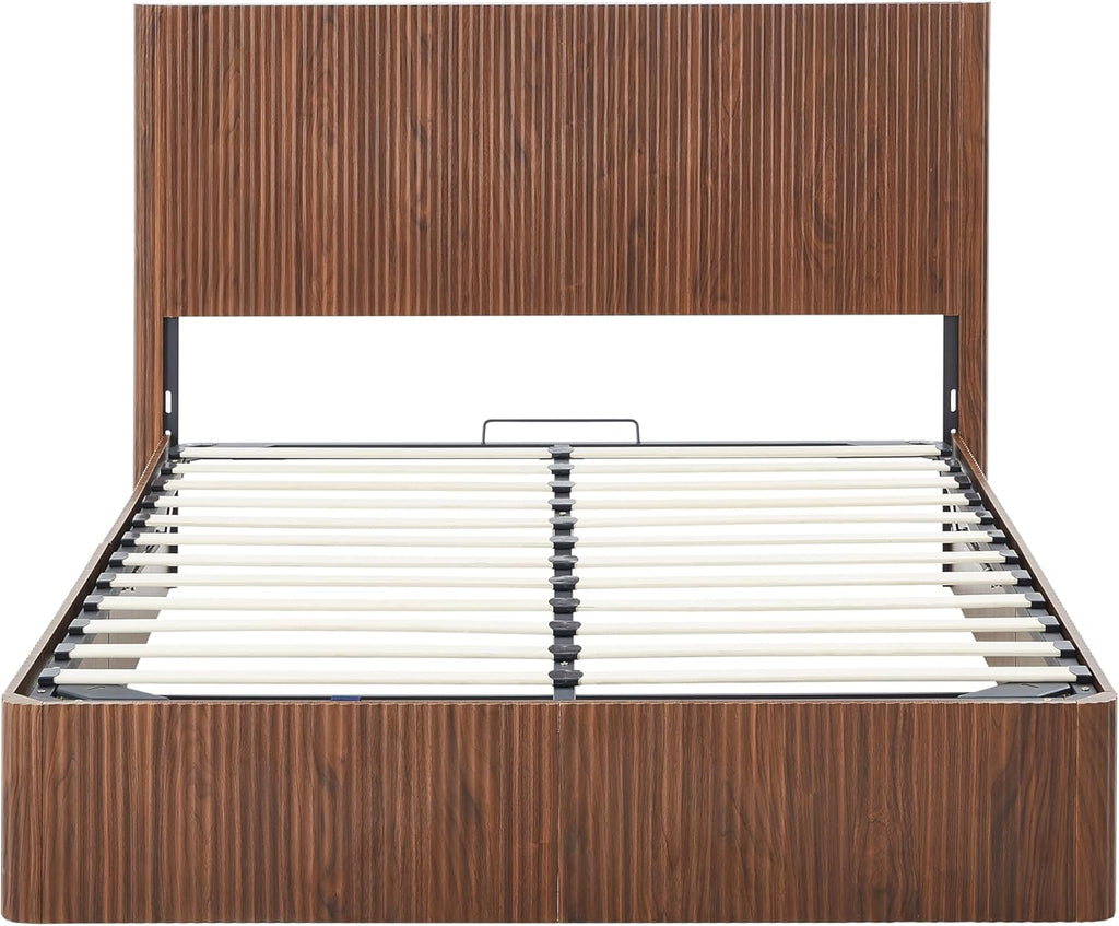 Bellemave Queen Lift Up Storage Bed, Walnut Wood Lift Up Bedframe Queen, Wooden Corrugated Curved Lines, Hydraulic Storage,Walnut