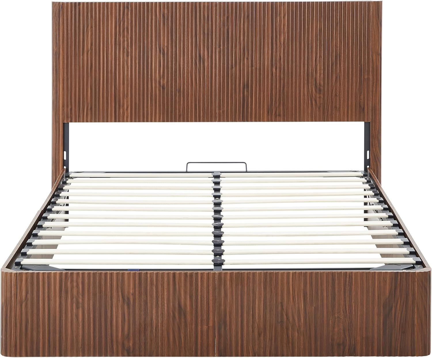 Bellemave Queen Lift Up Storage Bed, Walnut Wood Lift Up Bedframe Queen, Wooden Corrugated Curved Lines, Hydraulic Storage,Walnut