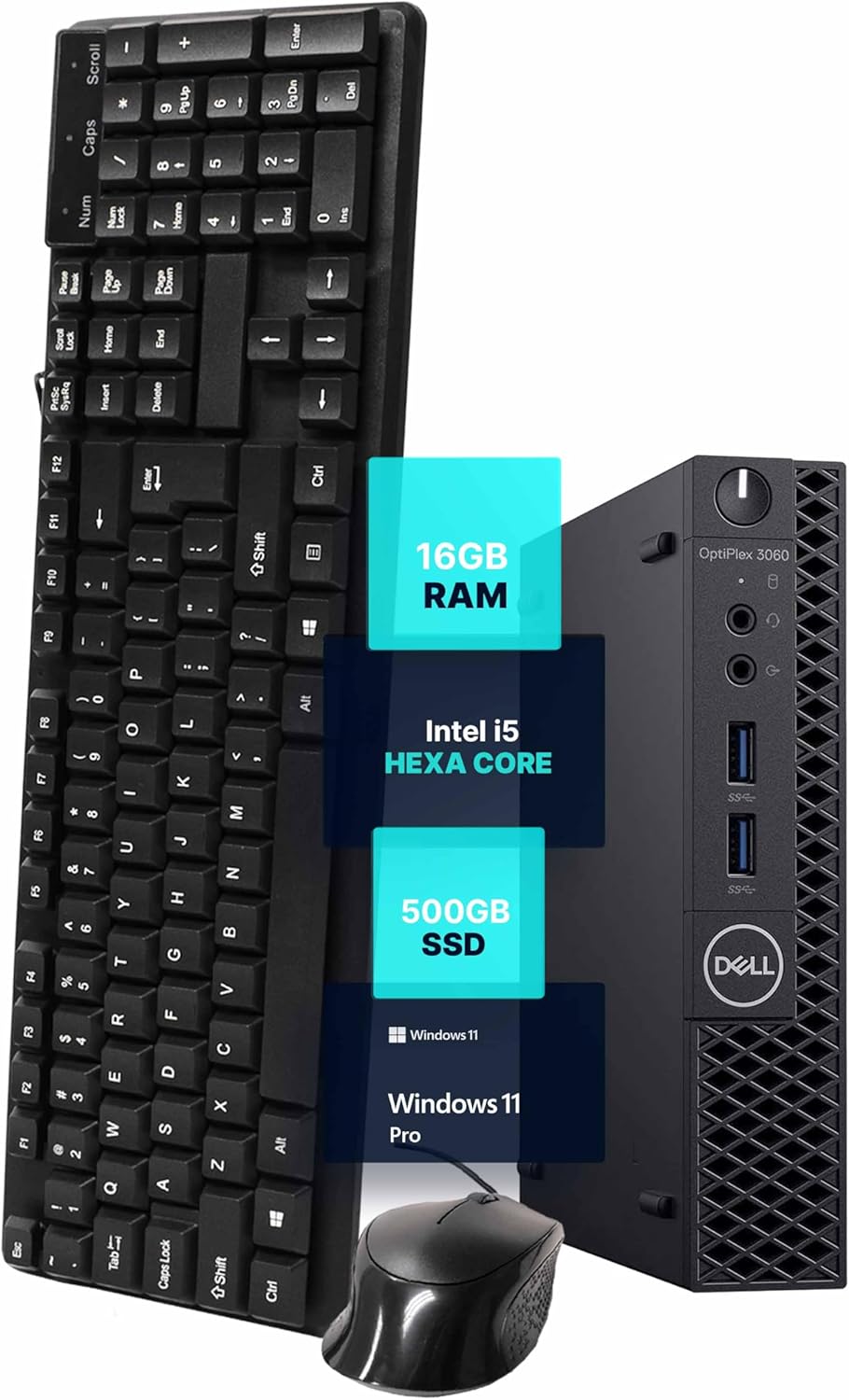 Dell Optiplex 3060 Mini PC | Windows 11 Pro | Intel i5-8500 | 16GB RAM + 500GB SSD | 5G WiFi + BT | Micro Desktop Computer | Keyboard + Mouse (Renewed)