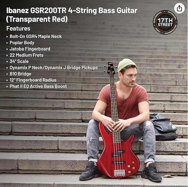 Ibanez GSR200 4-String Bass Guitar (Transparent Red) - Right Handed Poplar Body Bass with GSF50 Powerpad Strap, 15 Pack Guitar Picks with Storage Box & Microfiber Cleaning Cloth (Bundle Set)