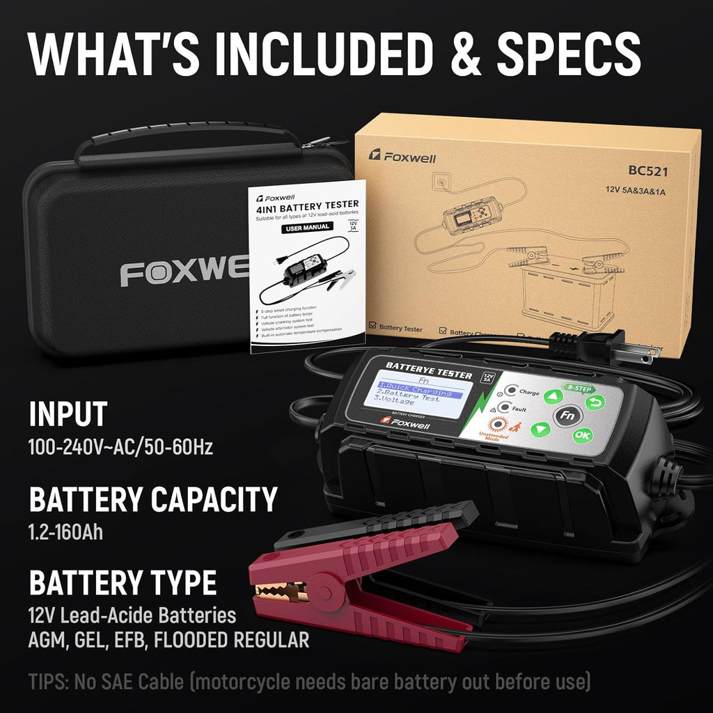 FOXWELL BC521 12V Car Battery Charger & Tester, 5A Smart 4-in-1 Battery Maintainer with Built-in Battery Test, Cranking & Charging System Test, Pulse Repair and Trickle Charge for Car, RV, Motorcycle