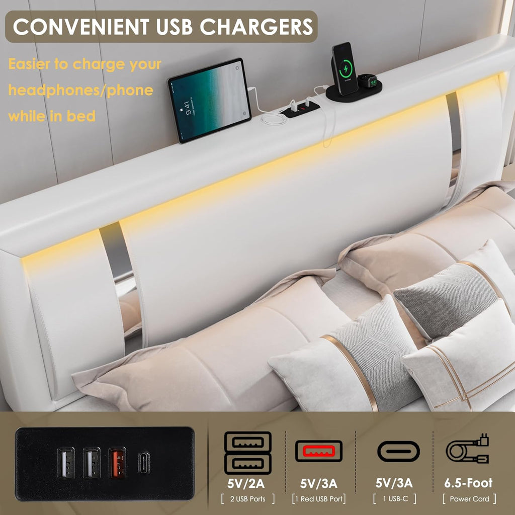 Keyluv King Size Bed Frame with RGB LED Lights & 2 Storage Drawers, Modern Upholstered Platform Bed with Iron Metal Decor, USB Charging Ports, White