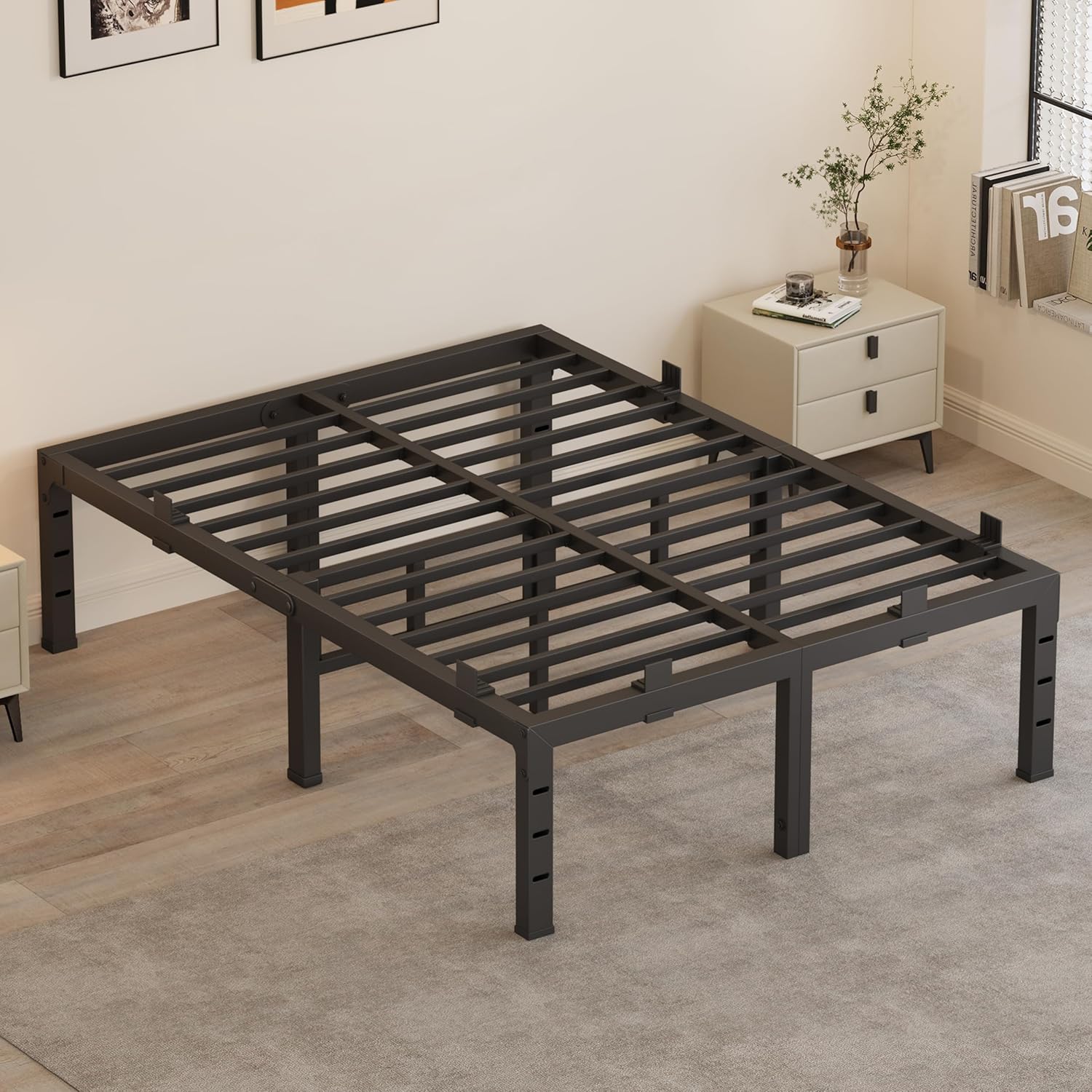 14 Inch King Size Bed Frames, Heavy Duty Metal King Platform 3500 lbs Capacity, No Box Spring Needed, 6 Mattress Slide Stopper, Headboard Holes, Noise-Free, Easy Assembly