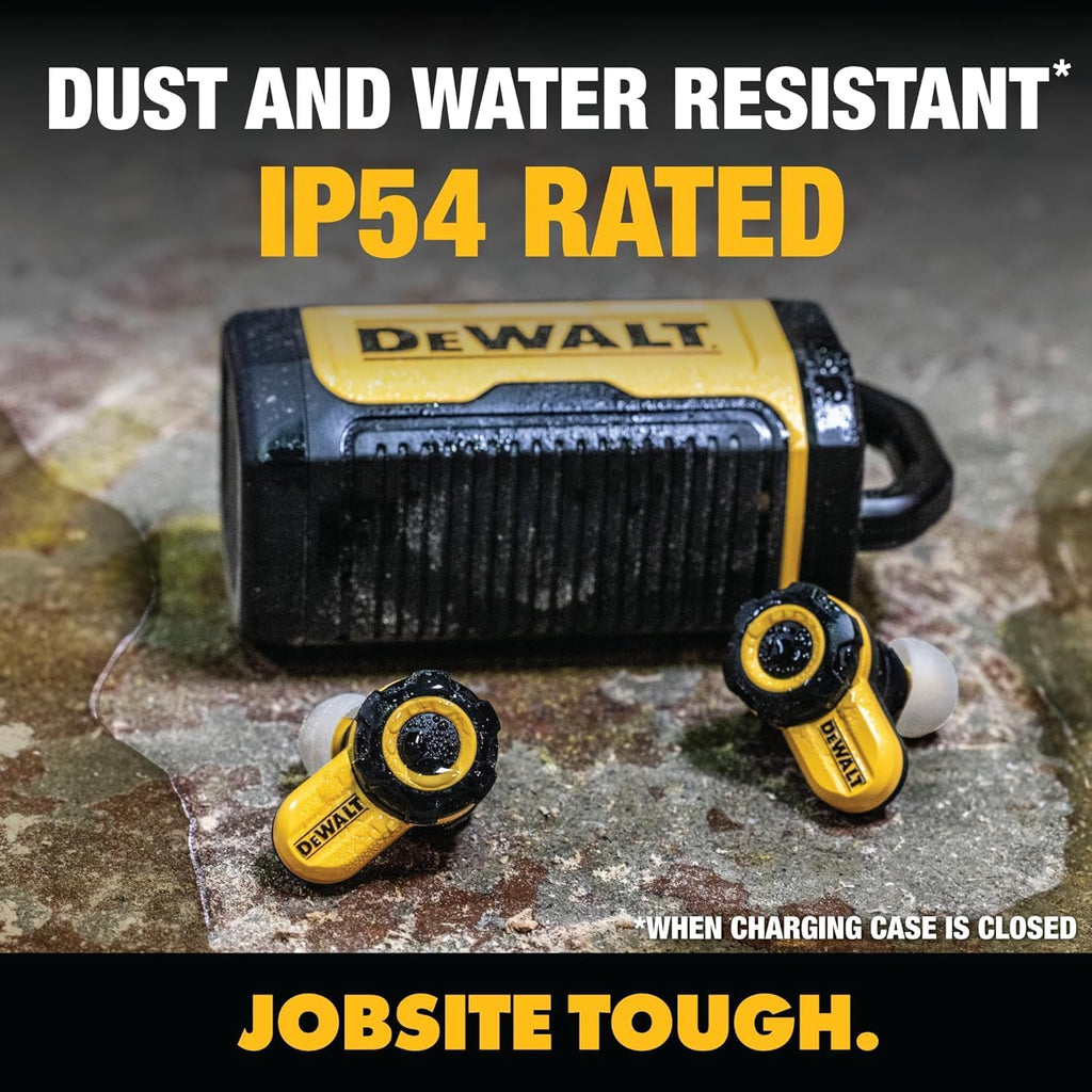 DEWALT Jobsite Pro X2 True Wireless Work Earbuds — ANC Active Noise Cancelling, Glove-Friendly Dial Control, 40+ Hour Runtime, IP54 Water Resistant, 4 EQ Modes, Bluetooth