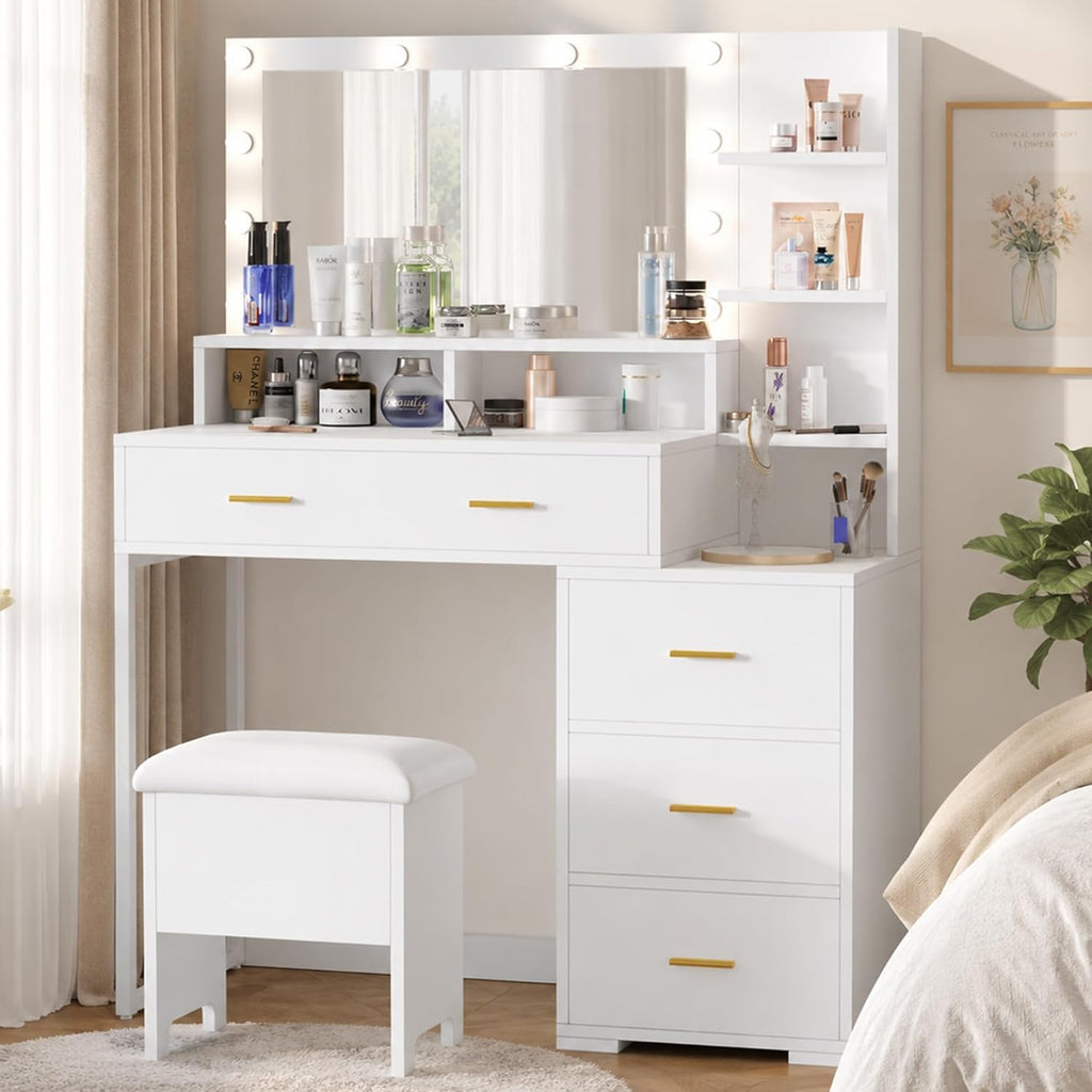 GarveeHome Vanity Desk, Makeup Vanity Table with Mirror & 9 LED Light Bulbs, 4 Large Drawers and 3 Tiers of Open Shelves for Bedroom, White