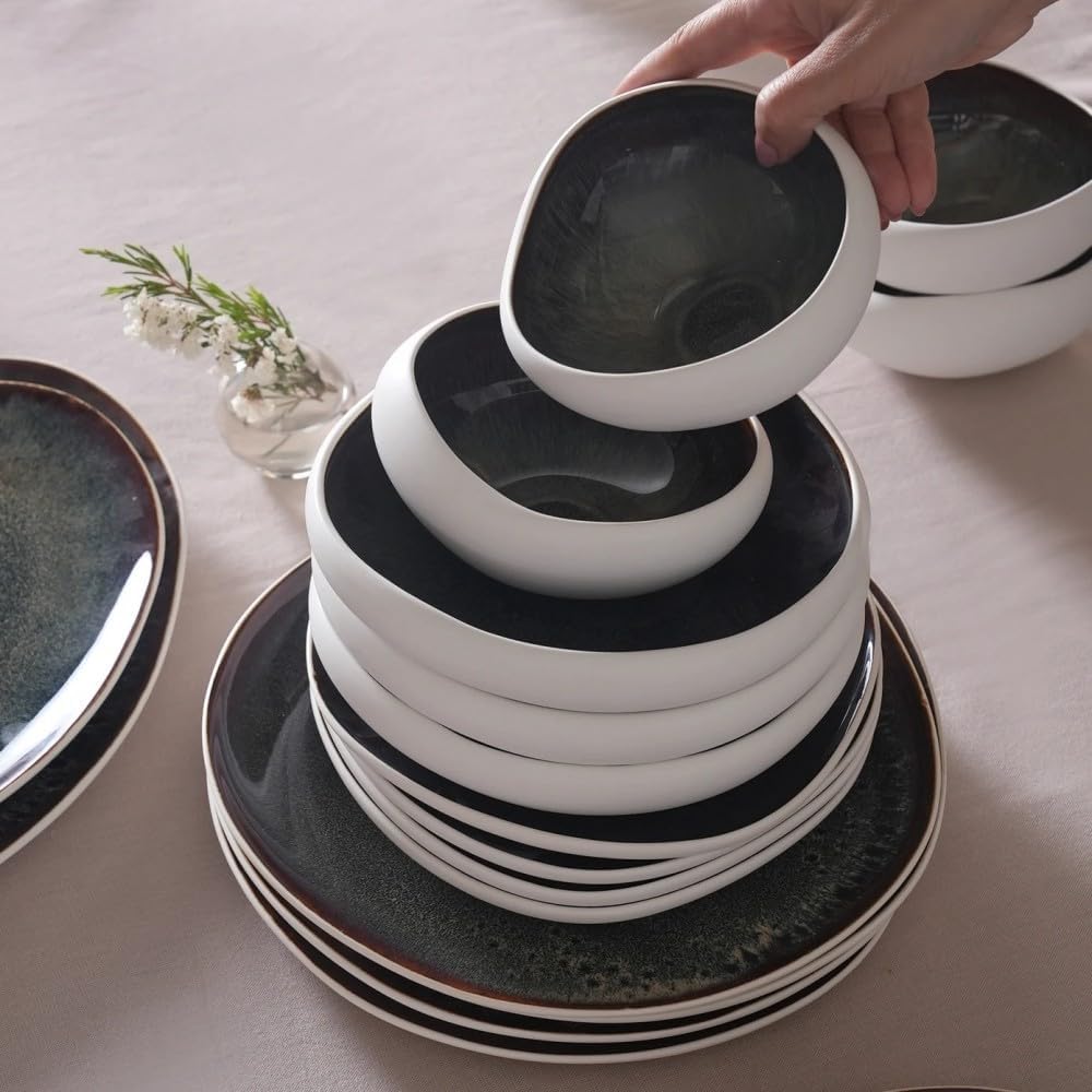 Karaca Earth Collection Galactic 55 Piece Dinner Set for 12 People – Reactive Glaze Stoneware Dinnerware Set, Modern White Tableware, Durable Plates & Bowls Set