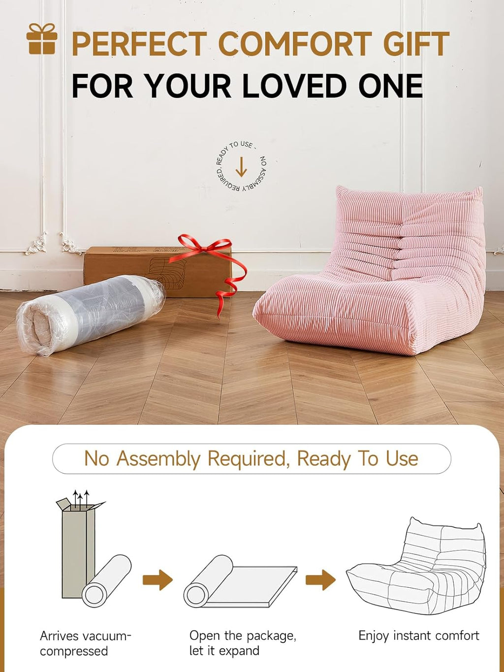 ZCUBED Large Bean Bag Chairs for Adults, Memory Foam Lounge Chair, Soft Corduroy Big Bean Bag Chair Lazy Sofa, Comfy Floor Beanbag Chair Single Sofa for Bedroom Living Room Fireside Book Nook, Pink