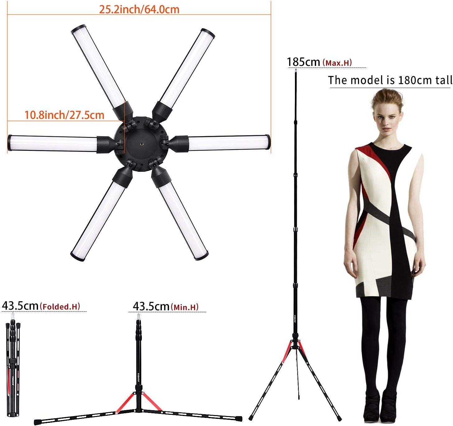 FOSOTO Photographic Lighting Dimmable 3200-5600K 6 Tubes LED Photography Star Light Lamp for Camera Photo Studio Phone Shooting, YouTube Makeup with Tripod Stand