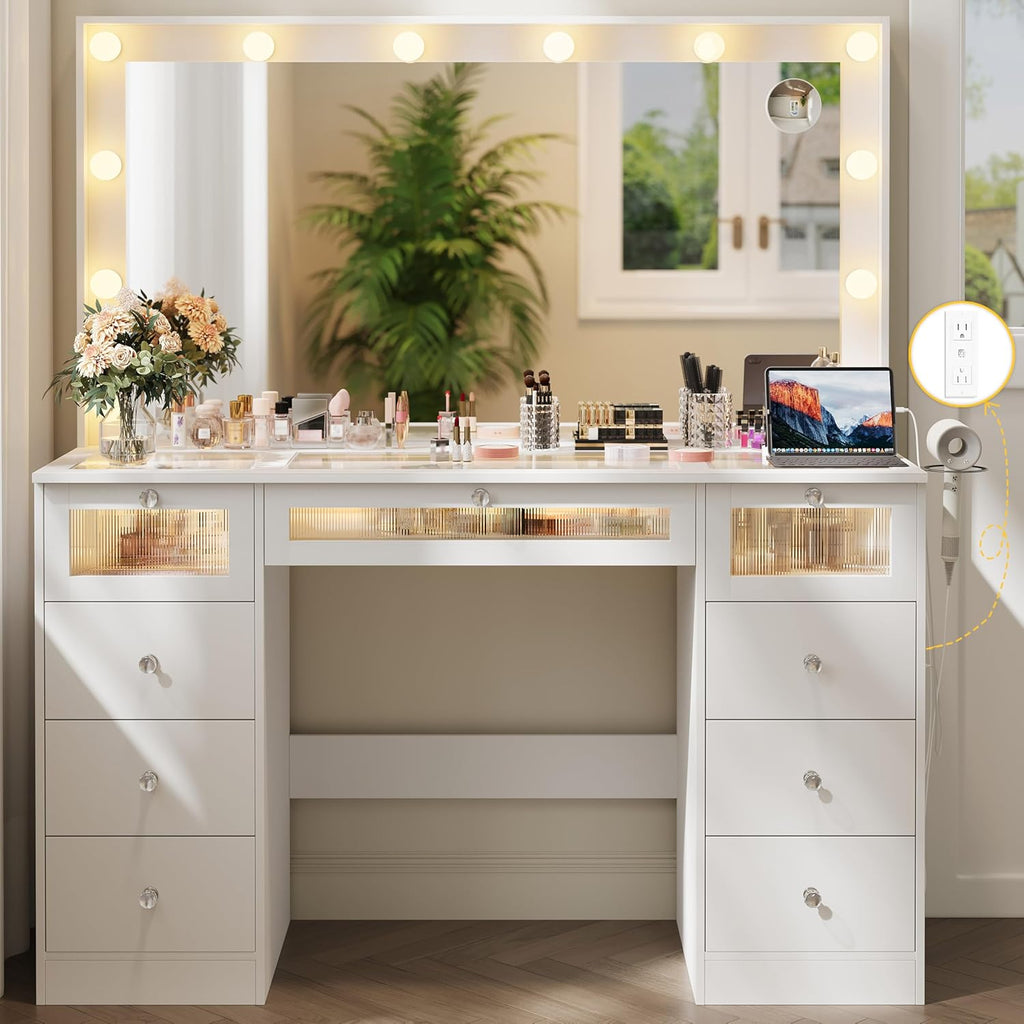 IFSEB Makeup Vanity Desk with LED Lights and Large 36.9'' Mirror, 9 Drawers Vanity with Glass Top & 3 Color Hollywood Bulbs, Make Up Vanity with Charging Station & Crystal Knobs for Woman, White