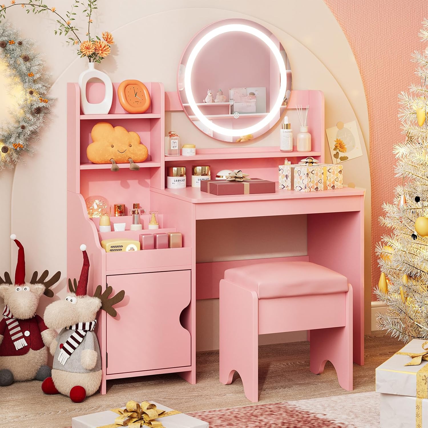 Vabches Kids Vanity with Lights, Princess Makeup Vanity Desk with Open Bookshelf, Storage Cabinet & Shelves, Toddler Vanity Table and Chair Set, Pretend Play Vanity Set for Little Girls, Pink