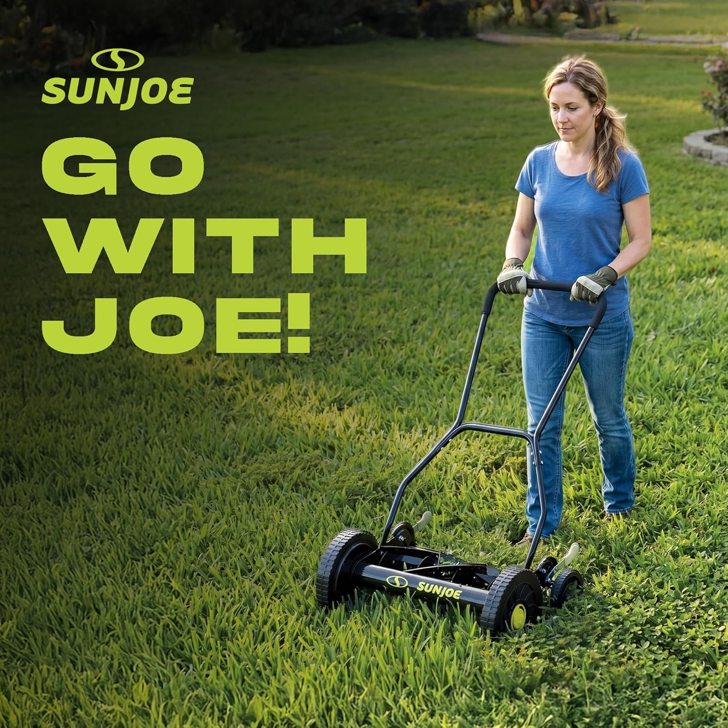 Sun Joe Manual Push Reel Lawn Mower with 9 Adjustable Positions, 14-Inch Cutting Width - Heavy-Duty Yard Trimming Machine for Gardening Care and Maintenance, MJ503M