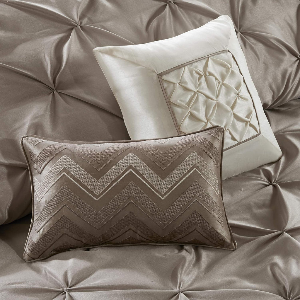 Madison Park Essentials Room in a Bag Faux Silk Comforter Set - Luxe Diamond Tufting All Season Bedding, Matching Curtains, Decorative Pillows, Taupe King(104"x92") 24 Piece