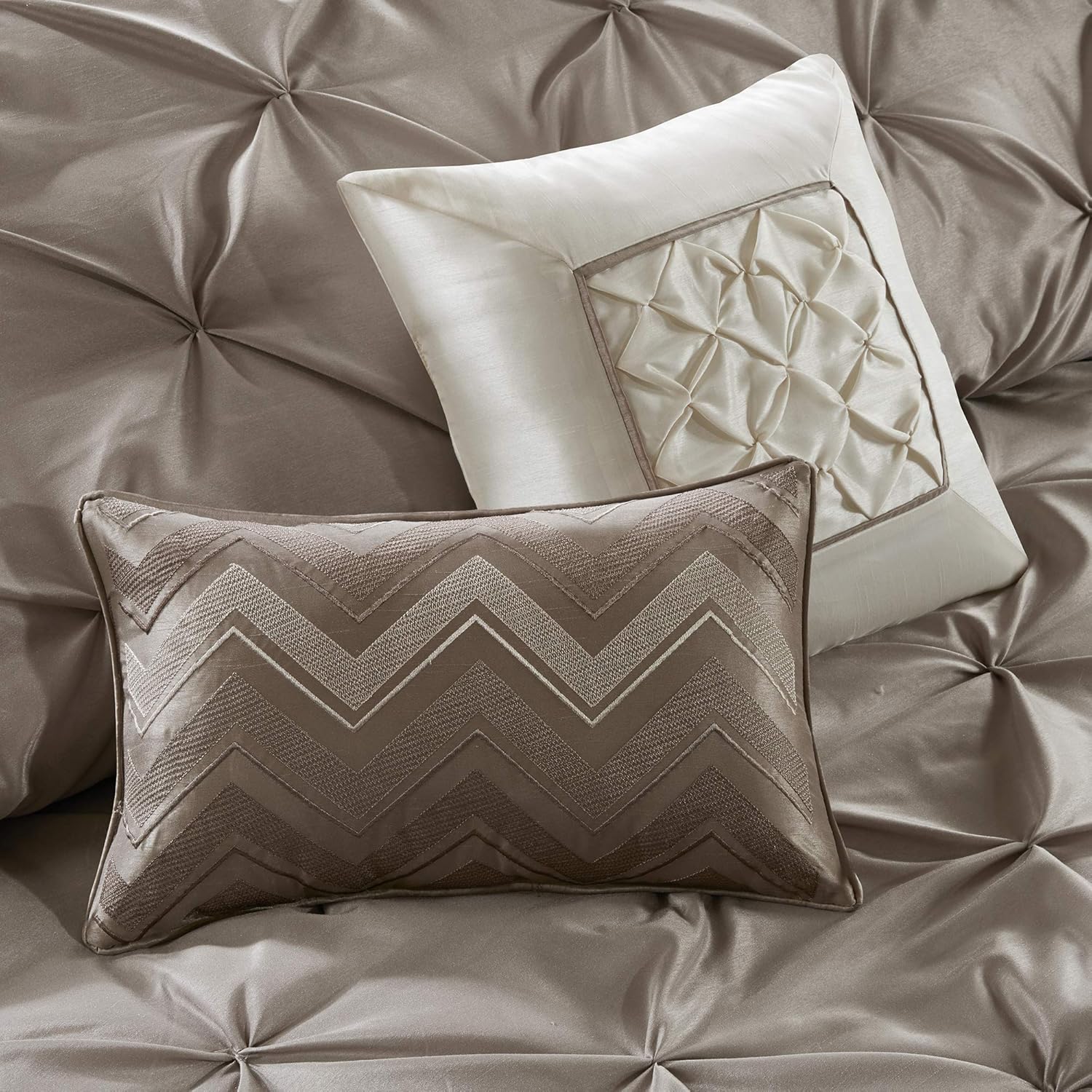 Madison Park Essentials Room in a Bag Faux Silk Comforter Set - Luxe Diamond Tufting All Season Bedding, Matching Curtains, Decorative Pillows, Taupe King(104"x92") 24 Piece