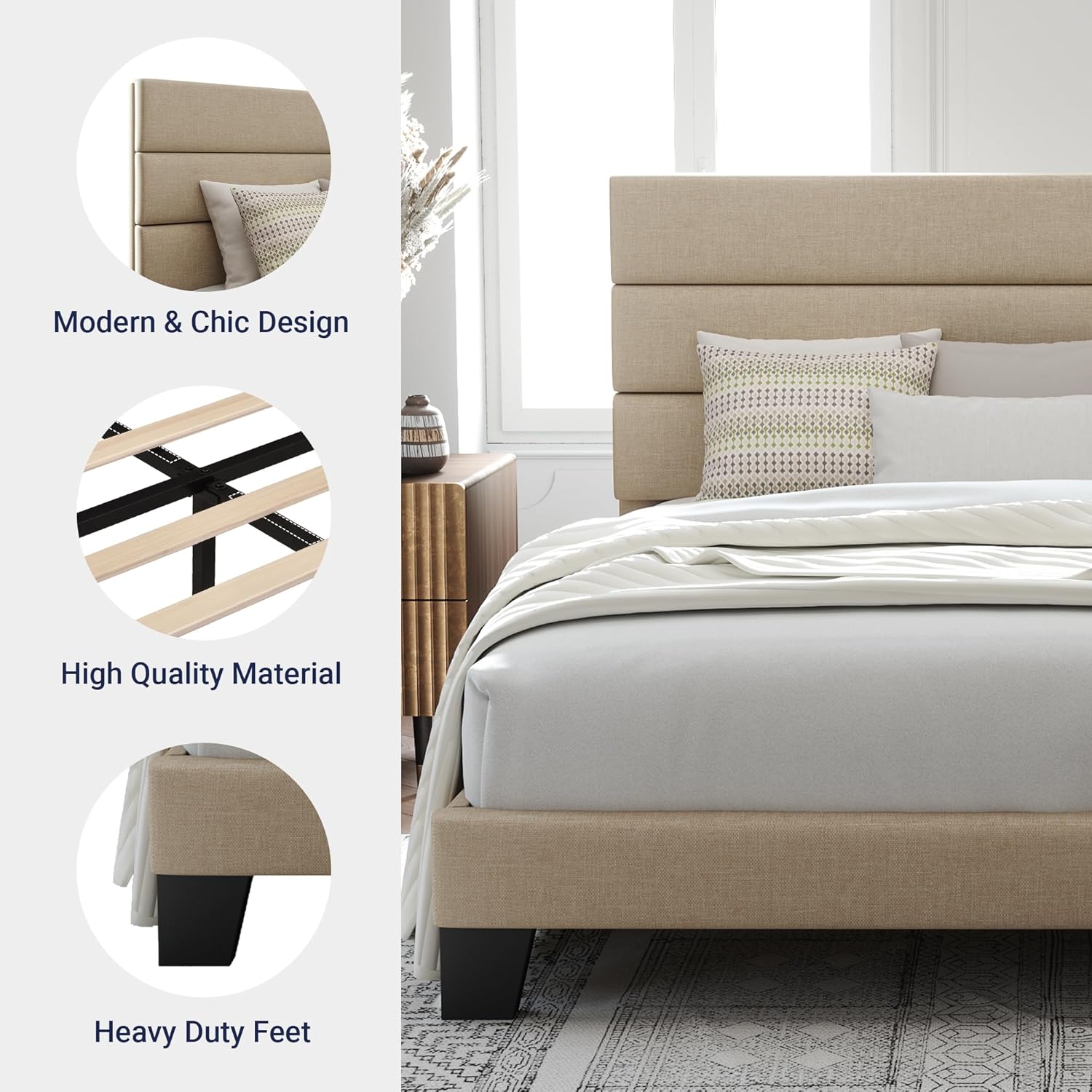 Allewie Queen Size Platform Bed Frame with Fabric Upholstered Headboard and Wooden Slats Support, Fully Upholstered Mattress Foundation/No Box Spring Needed/Easy Assembly, Beige