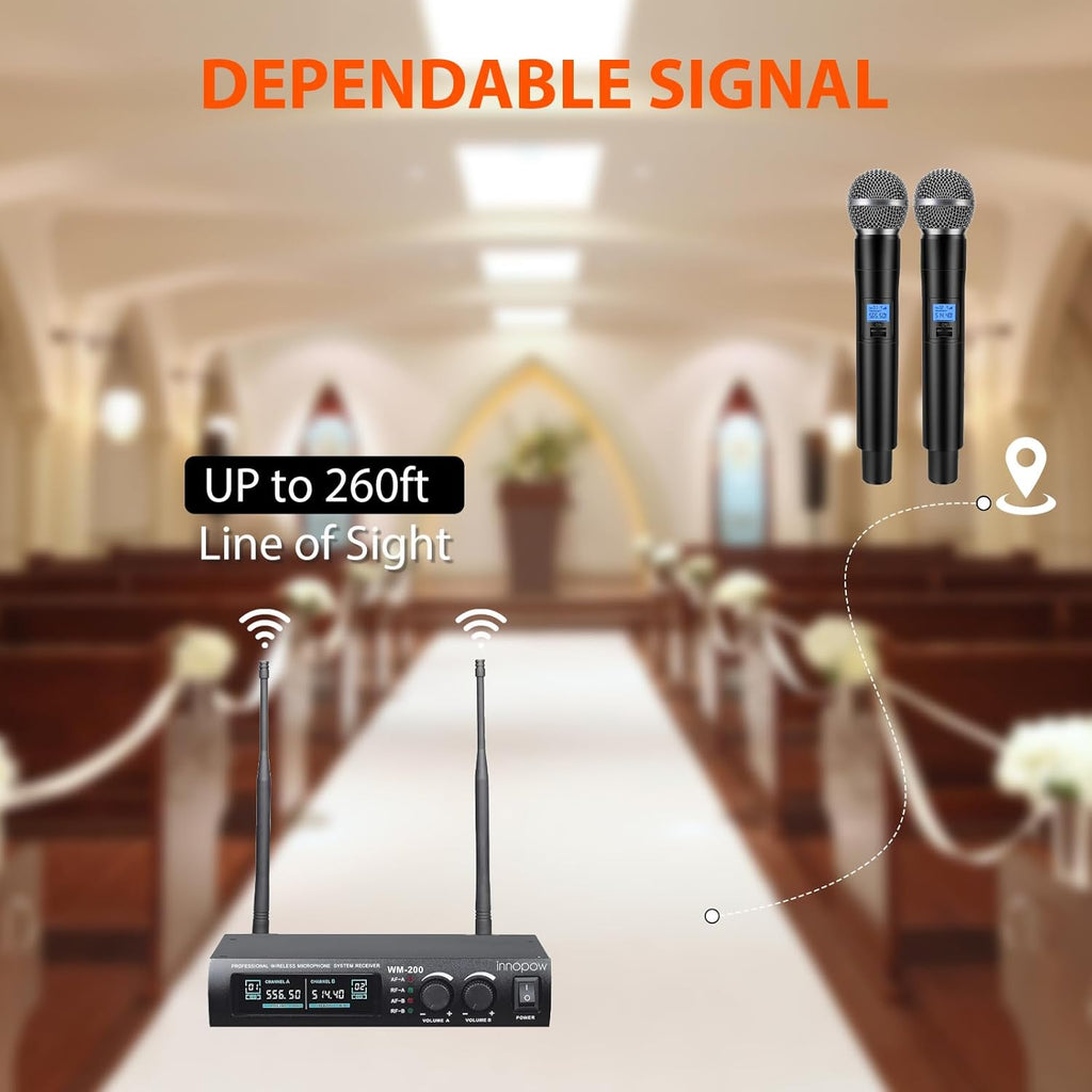 innopow Wireless Microphone System, Dual UHF Metal Cordless Mic Set, Long Distance 150-200Ft,16 Hours Continuous, Fixed Frequency, Use for Karaoke Singing, Family Party,Church …